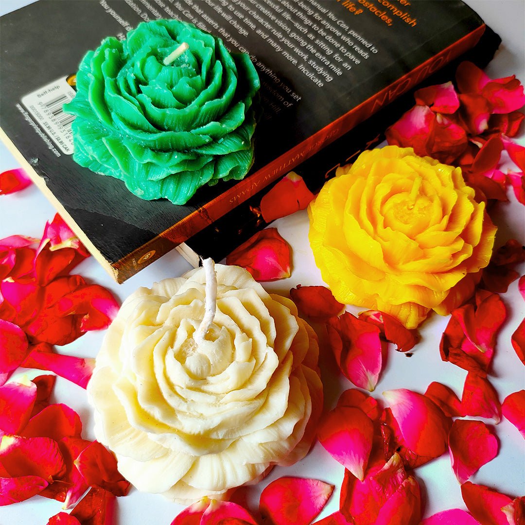 set of 3 Decorative Rose Flower Candles (White, Yellow & Green) – Perfect for Home Décor & Gifting - Memories InsiteROSE GLOW CANDLE SET OF 3